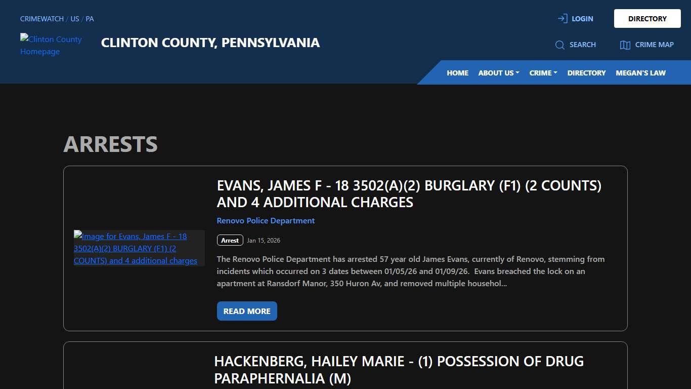 Arrests for Clinton County, Pennsylvania | CRIMEWATCH