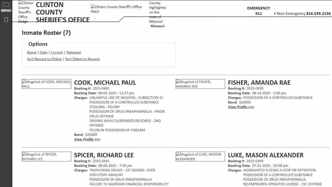 Inmate Roster - Current Inmates Booking Date Descending - Clinton County Sheriff's Office | Missouri